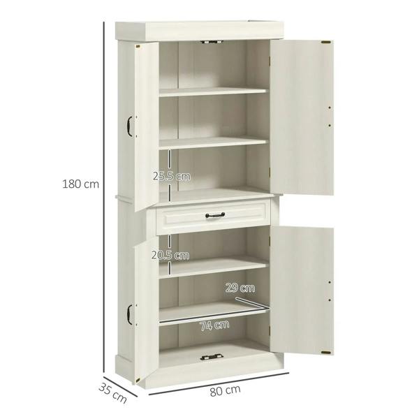 White tall storage cabinet with open shelves above and a front drawer below