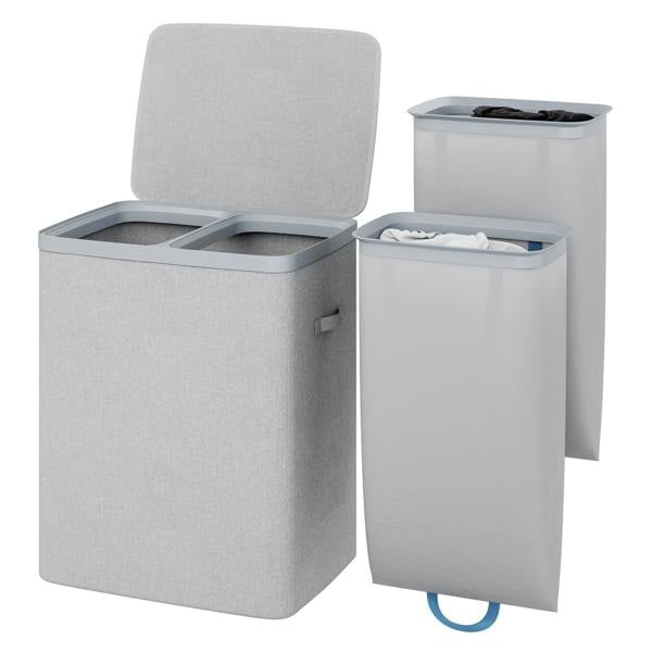 Gr8 Home Grey Double Laundry Seperation Hamper Bin Large Clothes Washing Basket With Lid