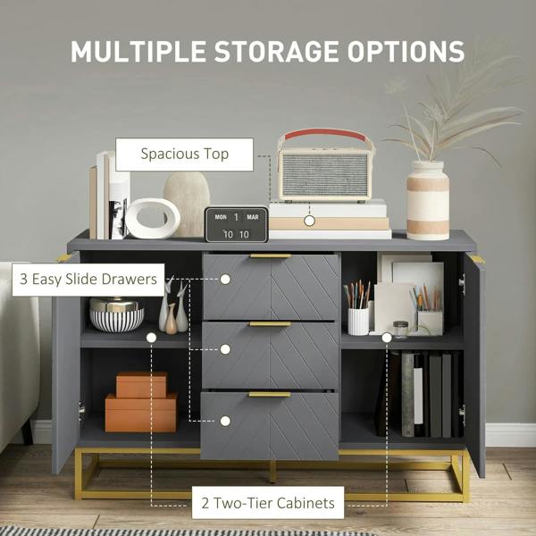 Grey sideboard cabinet open showing 3 sliding drawers and two adjustable shelves
