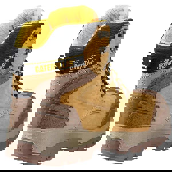 Caterpillar Striver XL 6" Mens Waterproof S7 Lace Up Safety Ankle Boots, Yellow and brown waterproof safety work boots with lace-up design and rugged outsole for outdoor work.