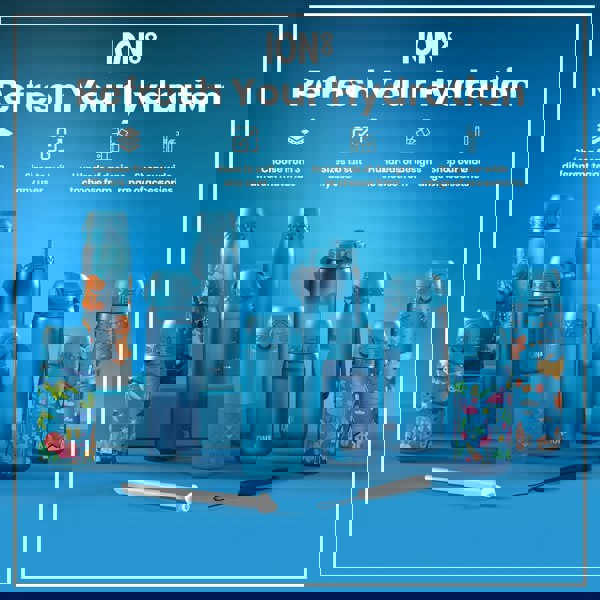 Several blue ION8 water bottles, various sizes and designs, are displayed on a blue surface; a straw and carrying strap are also shown. The text reads: "ION8 Refresh Your Hydration. Choose from 3 different materials. Sizes to suit any user. Hundreds of designs to choose from. Shop our wide range of accessories."