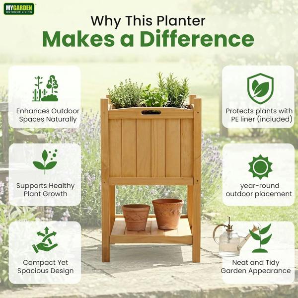 My Garden Outdoor Living My Garden Planter with Storage Shelf & PE Liner – 50 x 50 x 85cm Free Standing Square Wooden Planter for Indoor & Outdoor