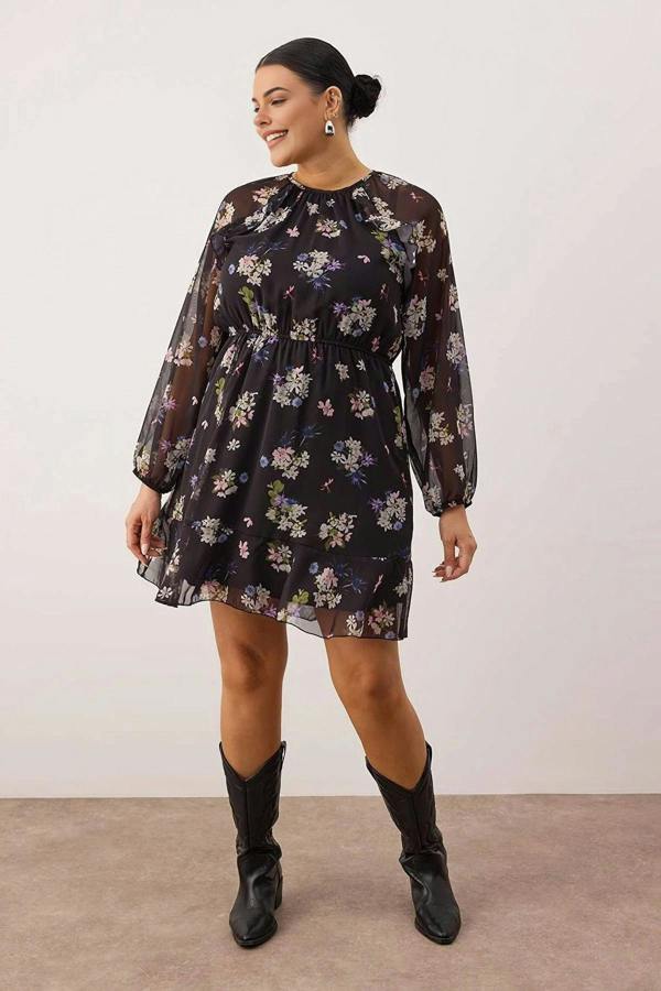 WOVCOR Floral Chiffon Woven Plus Size Dress
