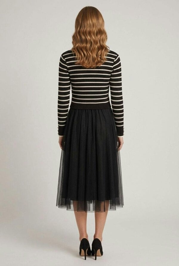 Izabel London Striped Mesh Layered Midi Jumper Dress