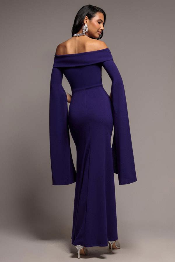 Off Shoulder Bardot Maxi Dress With  Split Cape Sleeves - Deep Purple DR5254