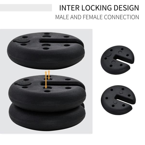 Black interlocking tent leg weight plates, stacked, with round connection holes
