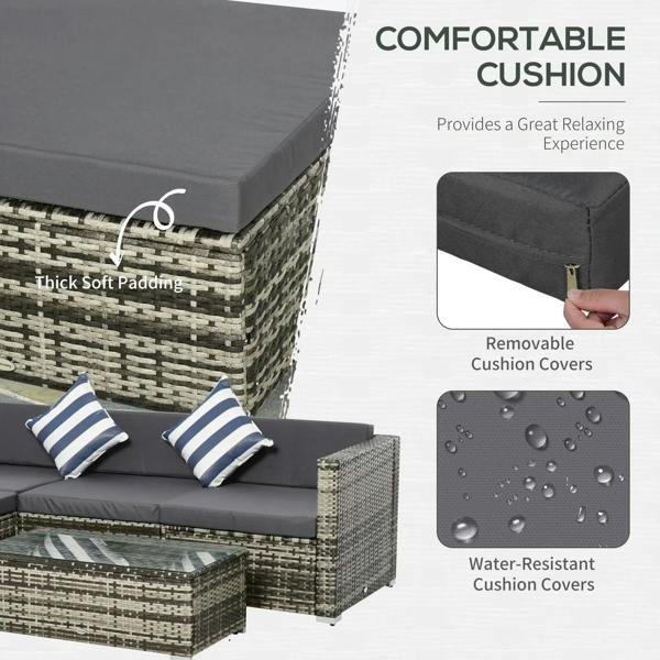 Grey rattan sofa with thick seat cushions and removable, water-resistant cushion covers