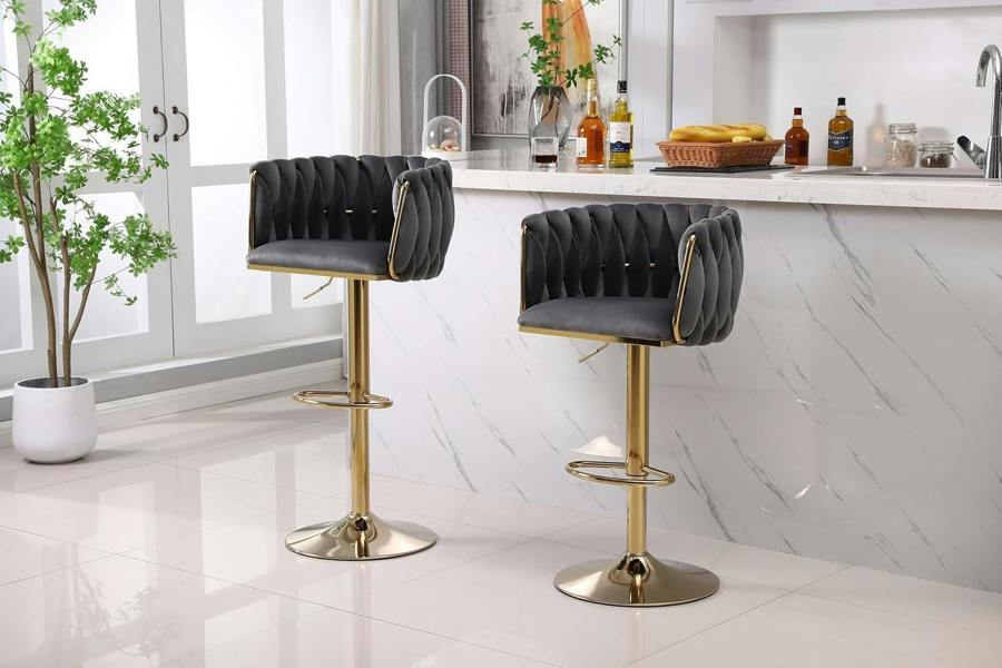 HYGRAD BUILT TO SURVIVE Velvet Swivel Bar Stools with Gold Base – Set of 2 | HYGRAD®