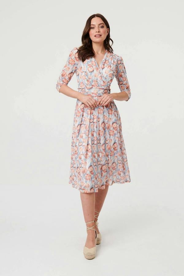 Orange | Floral 3/4 Sleeve Pleat Midi Wrap Dress