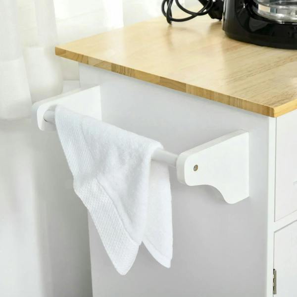 White kitchen island cart with built-in towel rack and wood countertop