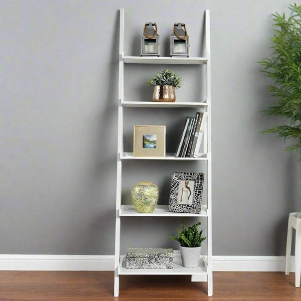 Modcraft 5-Tier White Ladder Shelf - Leaning Storage Bookcase