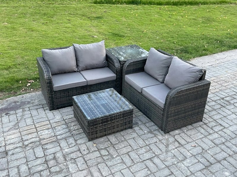 Fimous Rattan Sofa Set Outdoor Garden Furniture Set with Square Coffee Table Loveseat Sofa Side Table Dark Grey Mixed