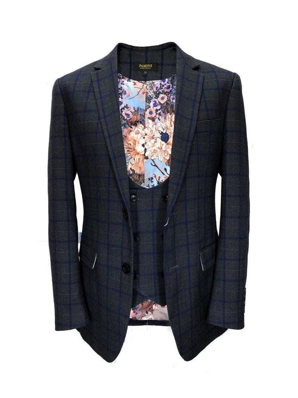Grey with blue check tweed blazer with matching waistcoat - Pamoni