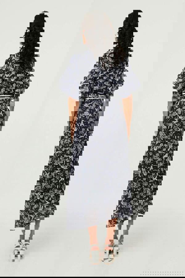 Navy | Tropical Print Puff Sleeve Midi Dress
