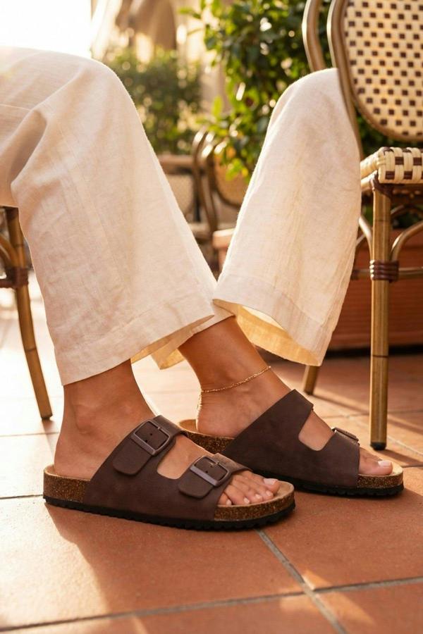 Harper Womens Double Buckle Cork Slide Sandals - LIGHT BROWN