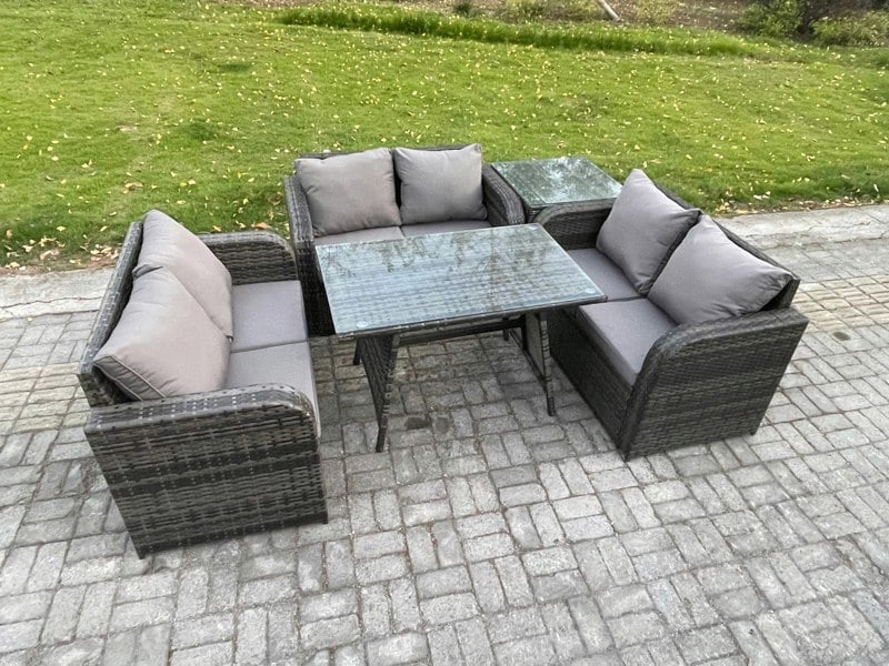 Fimous Rattan Garden Furniture Set 6 Seater Patio Outdoor Love Sofa Set with Rectangular Dining Table Side Table Dark Grey Mixed