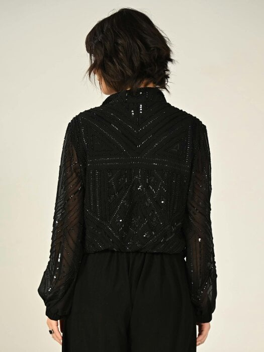 Rose & Nancy Briar Black Hand Embellished Funnel Neck Bomber Jacket