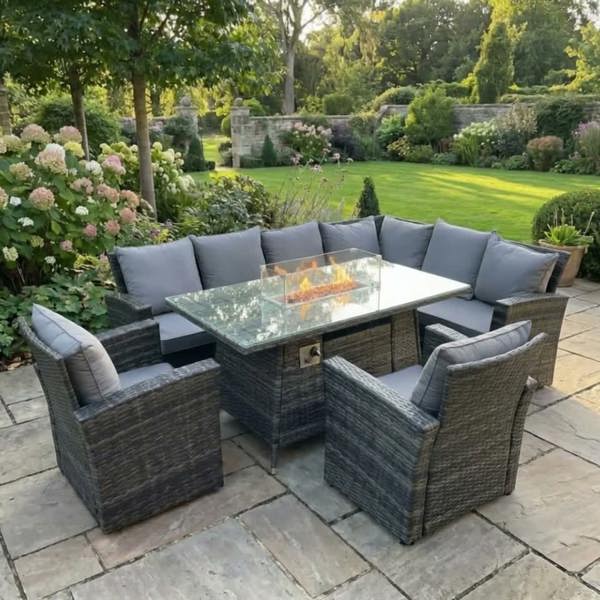 Fimous 8 Seater Rattan High Back Garden Furniture Set with Corner Sofa, Gas Fire Pit Dining Table, 2 Chairs - Dark Grey