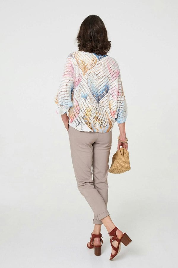 Pink | Heart Print Open Knit 3/4 Sleeve Top
