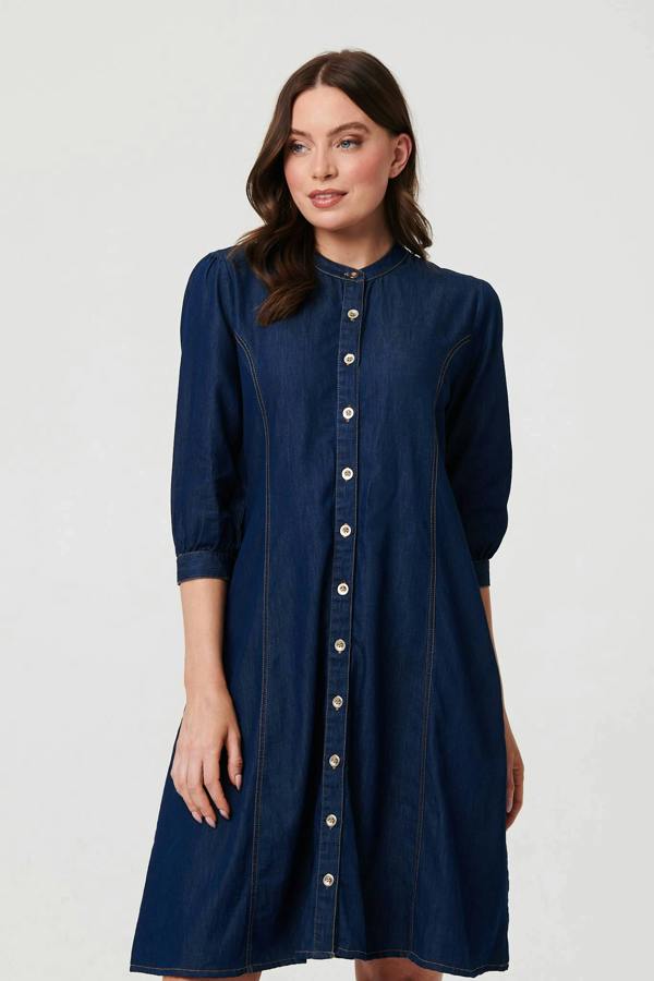 Blue | Collarless Knee Length Shirt Dress