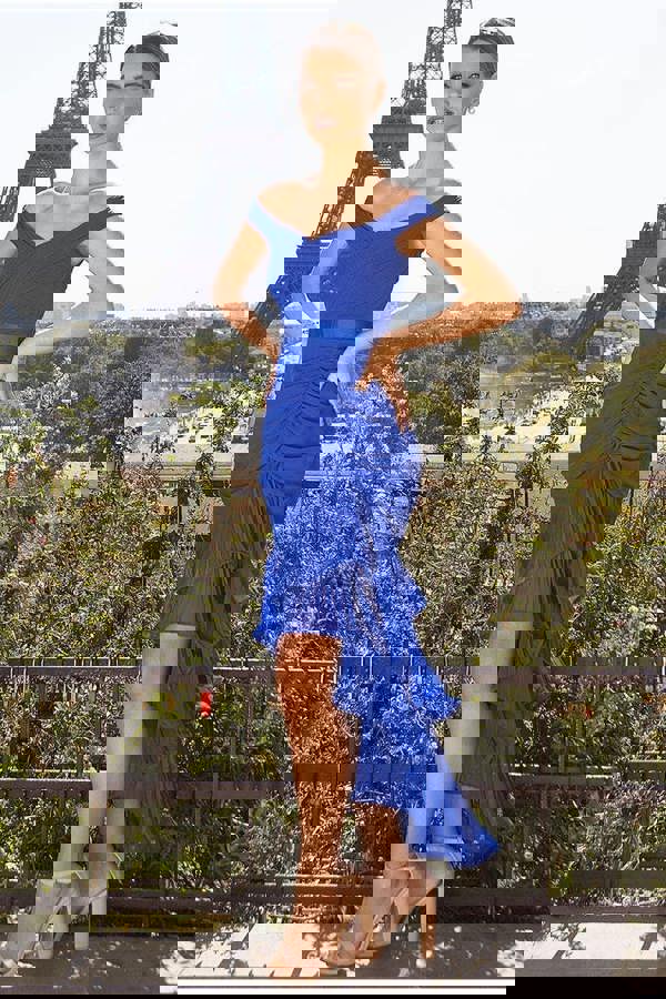 Pleated Bardot High Low Tier Chiffon Midaxi Dress - Royal Blue DR4272