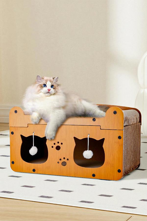 Cat Scratcher House with Hanging Plush Balls for Indoor