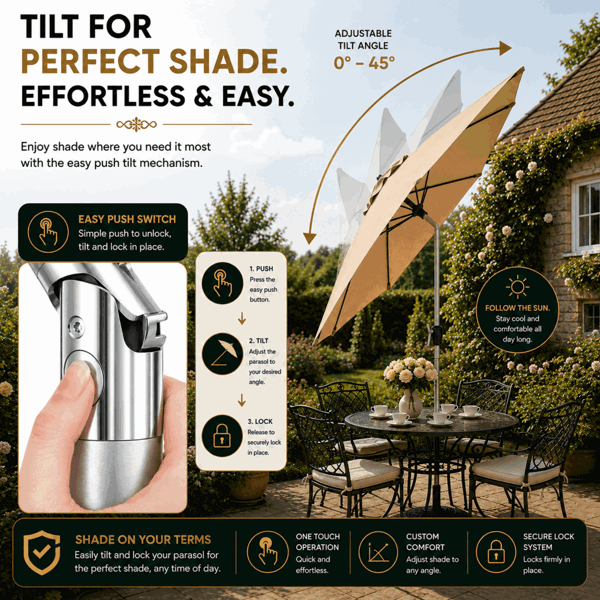 GlamHaus Tilting Garden Parasol Table Umbrella 2.7M with Crank Handle, UV40 Protection, Includes Protection Cover - Sand