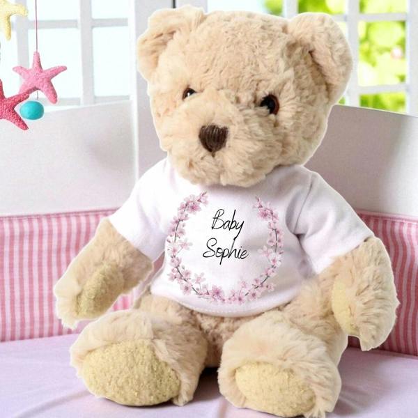 Personalised Luxury Teddy Bear with Pink Blossom T-Shirt