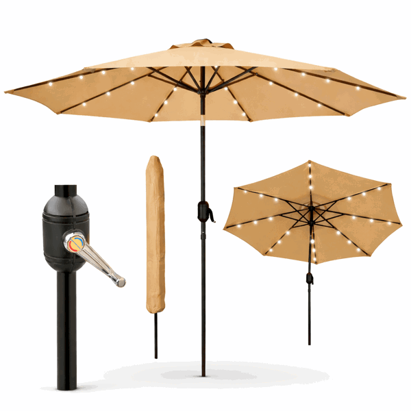 GlamHaus Garden Parasol Solar LED 2.7M ,Tilting Table Umbrella with Crank Handle, Protection UV40, Includes Parasol Cover- Sand