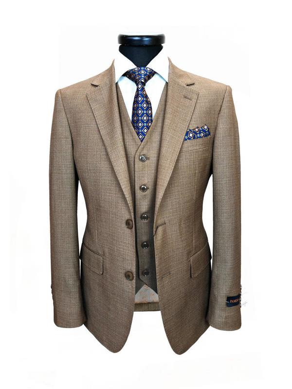 Men’s Slim Fit 3-Piece Wool-Blend Suit – Light Brown