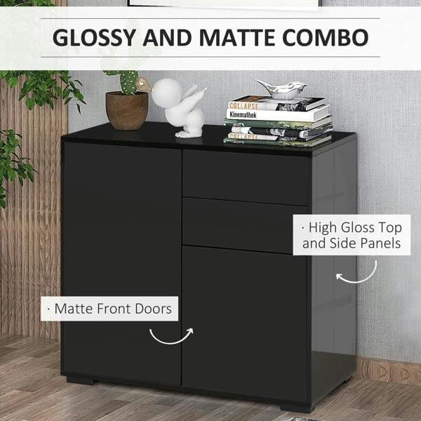Black sideboard with matte front doors and glossy top and side panels