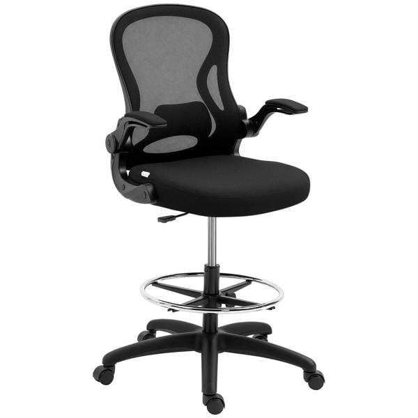 Adjustable black mesh standing desk chair with flip-up armrests and footrest ring