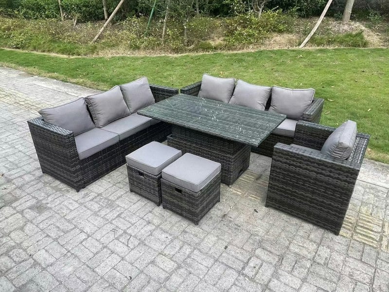 Fimous Wicker PE Garden Furniture Rattan Sofa Set Outdoor Adjustable Rising Lifting Dining Table Set with Armchair 2 Stools 9 Seater Dark Grey Mixed