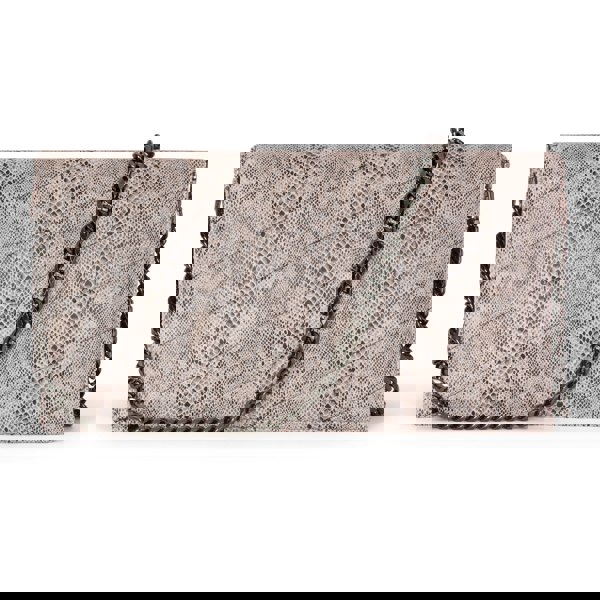 Snake print quilted laptop clutch bag with chain strap on a white background