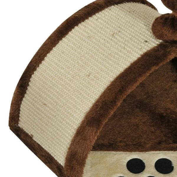 Brown-and-cream cat scratcher arch pad with pawprint base and hanging ball detail