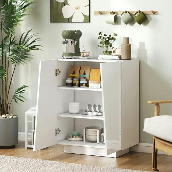 White high-gloss storage cabinet with open shelving and two hinged doors