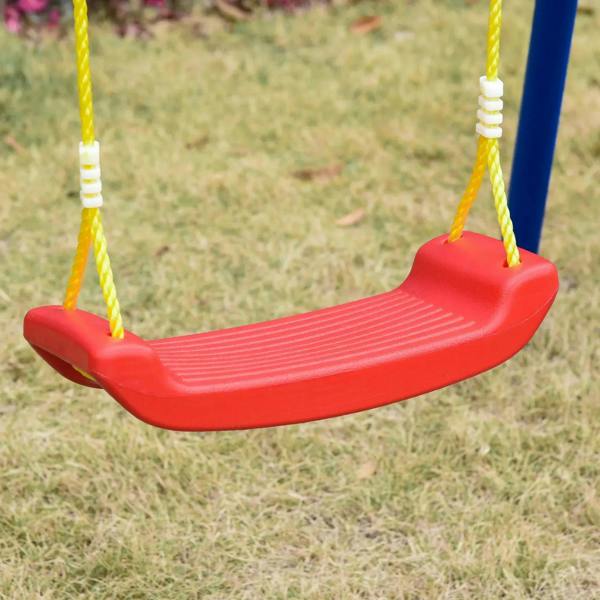 Red swing seat with yellow rope hangers on blue swing frame