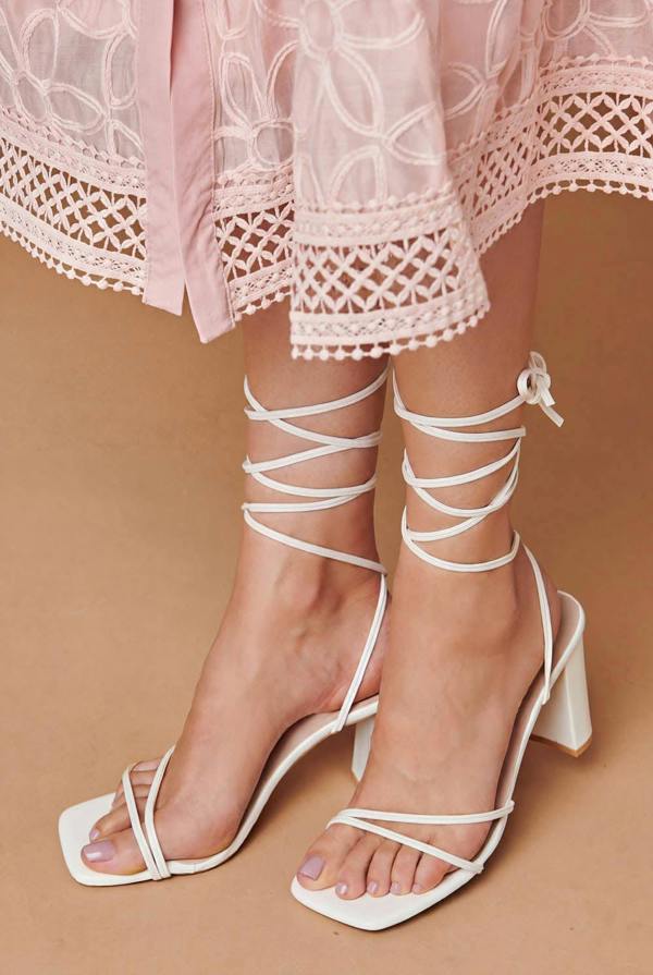 White | Ankle Tie Heeled Strappy Sandals