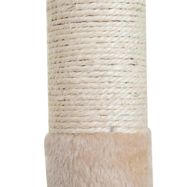 Close-up of beige sisal scratching post wrap with plush base trim