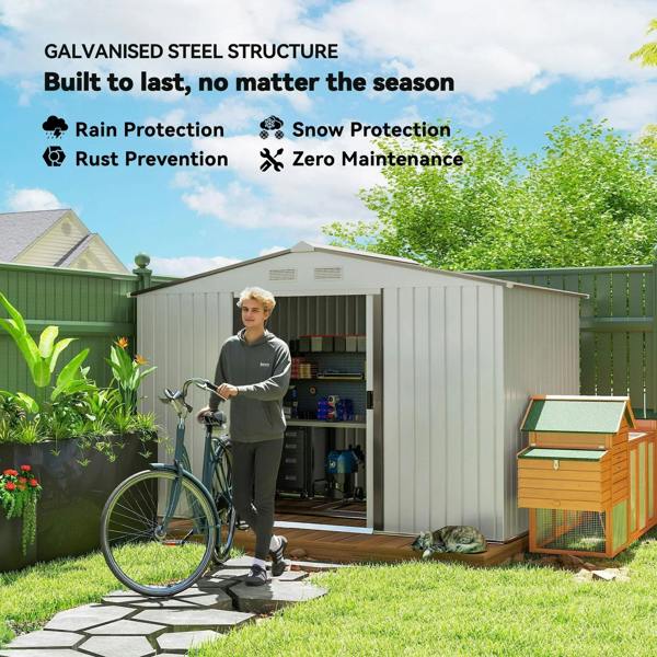 Silver galvanized steel bike storage shed with open door and visible interior storage
