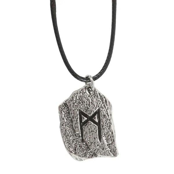 Textured silver rune shield pendant with black cord loop and metal connector.