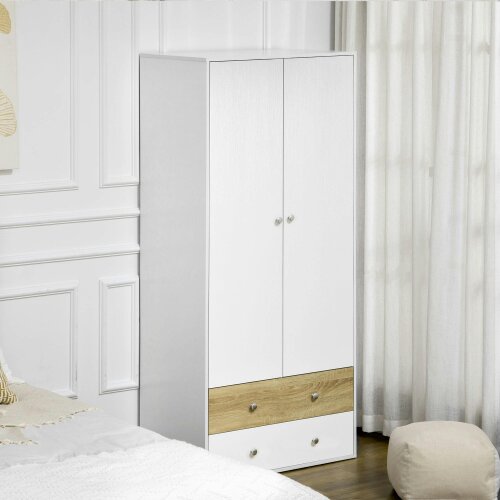 Wyld Haus Coralia White and Natural 2 Door Wardrobe With Hanging Rail and 2 Drawers