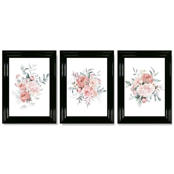 Pink Peonies Watercolour Floral Set of 3 Framed Art Prints with Glossy Black Frames