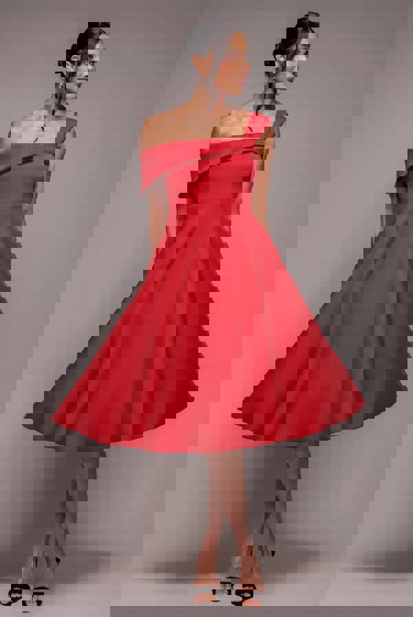 One Shoulder A Line Midi Dress - Red DR4949