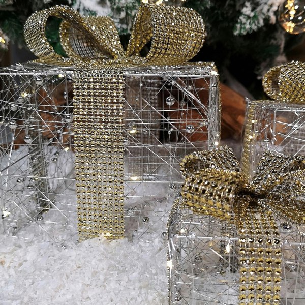 Samuel Alexander Set of 3 Battery Operated Gold Sparkly Christmas Gift Boxes with LEDs