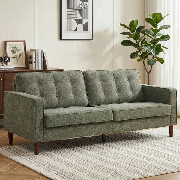 3 Seater Sofa Button Tufted Upholstered Couch with Wood Legs for Living Room, Green - Green