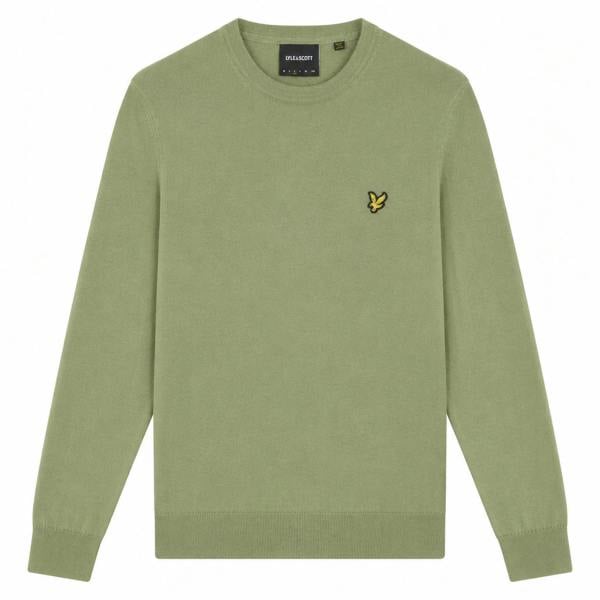 Lyle & Scott smoke olive merino wool crew neck jumper with signature golden eagle logo on the chest.