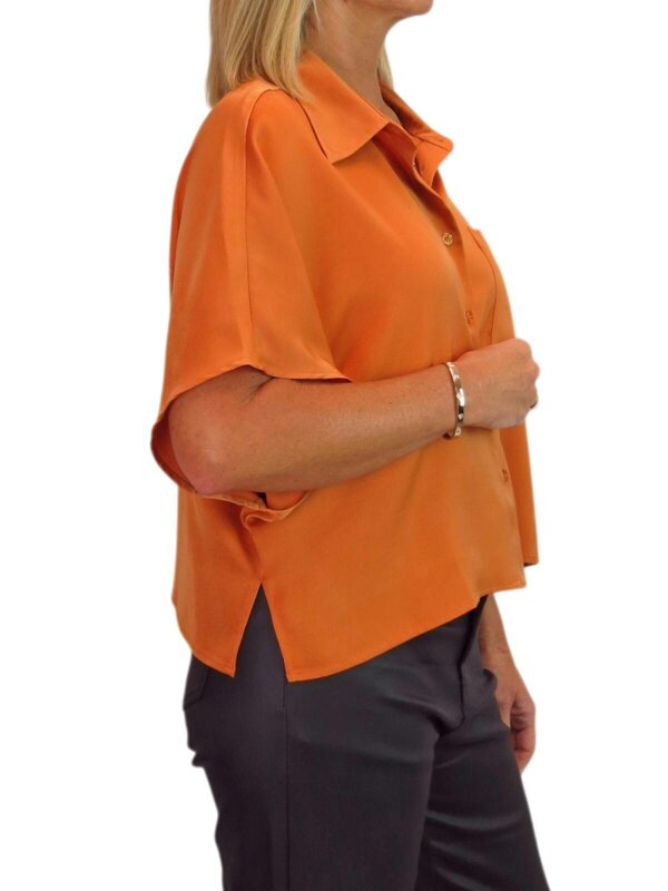 Paulo Due Women's Cropped Satin Shirt Short Sleeve Batwing Blouse