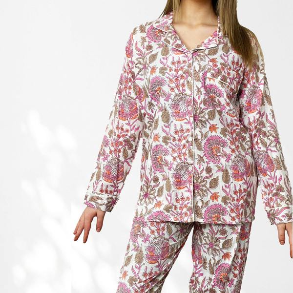 Hayley & Co Block Print Floral 100% Cotton Long Pyjama Set in White and Pink