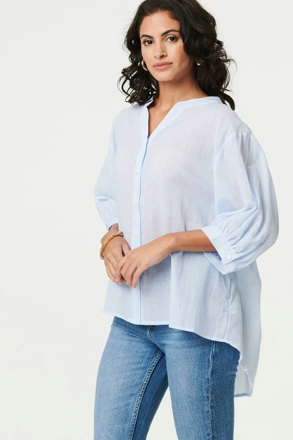 Blue | 3/4 Sleeve Collarless Curve Hem Shirt
